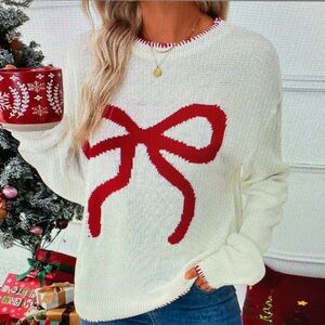 Women's White Sweater with Red Bow Design